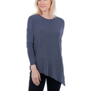 DIANE GILMAN Angled Hem Bateau Neck Top Eggplant Long Sleeve Blue Glitter